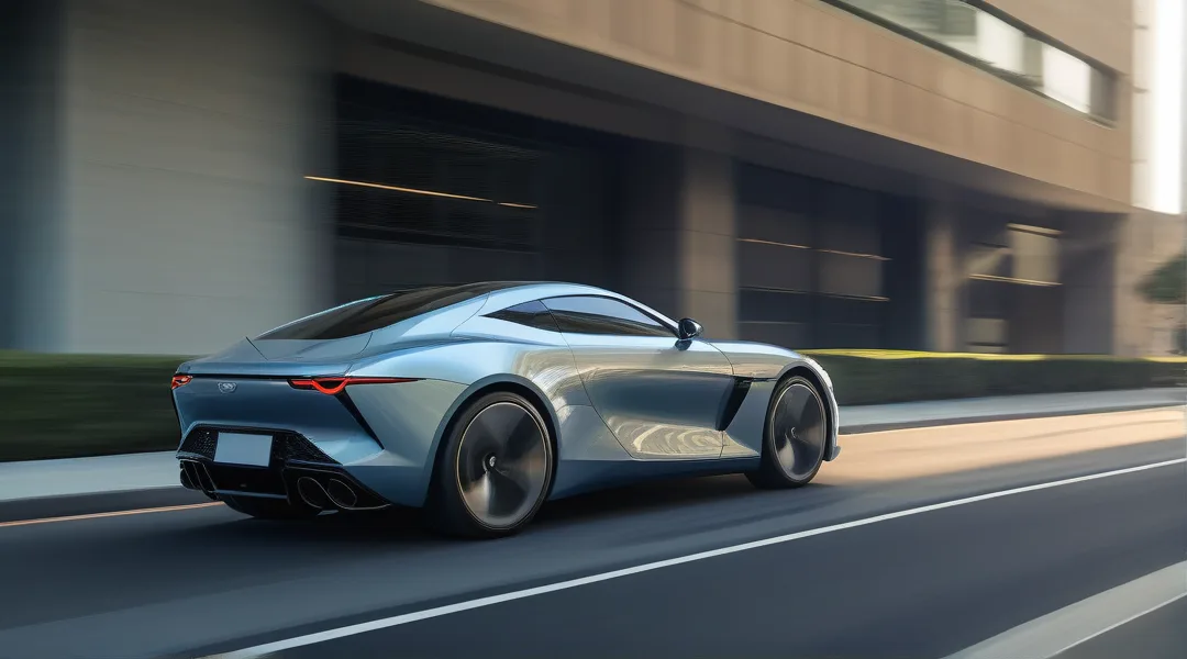 A sleek car driving on a city street, illustrating the journey in our Guide to Buying a Car.